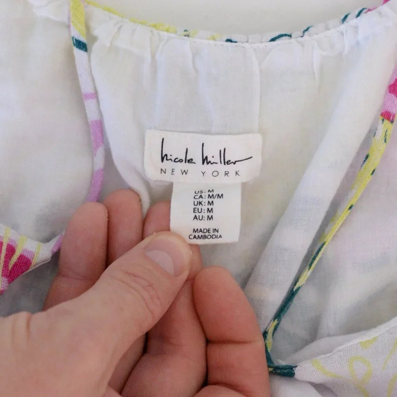 Nicole Miller White Pink Palm Leaf Print 55% Linen Wide Leg Romper M - Picture 11 of 11